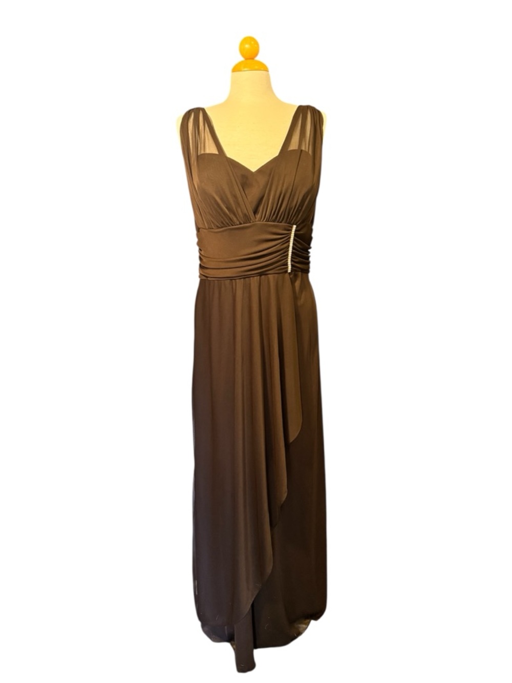 Betsy & Adam Brown Draped Evening Gown with Ruched Waist